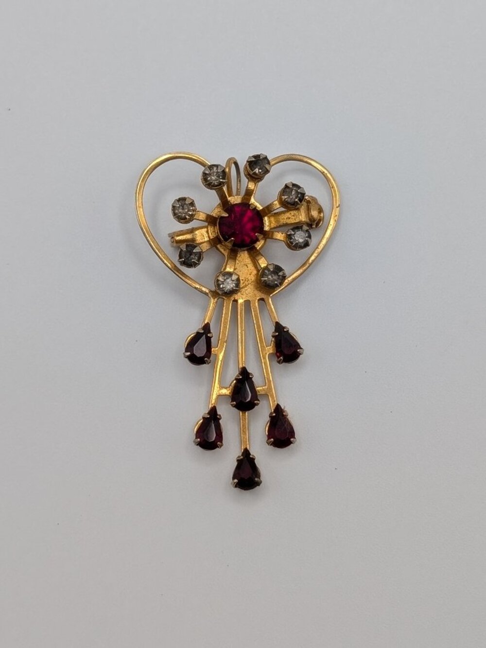 Vintage 1940s Sweetheart Heart Chandelier Pendant Brooch Pin Ruby Teardrop Coro